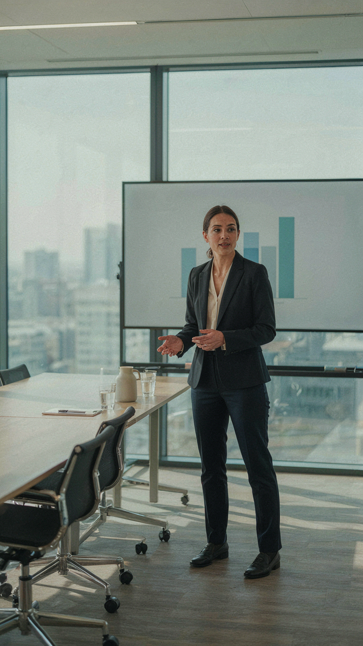 A confident woman giving a presentation in a professional setting.