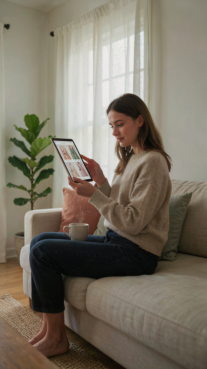 A woman plans her wedding guest dress outfit using a tablet.