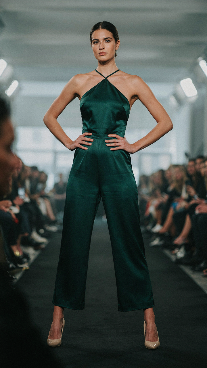 A woman wearing a stylish halter jumpsuit stands on a runway, posing for a photo.
