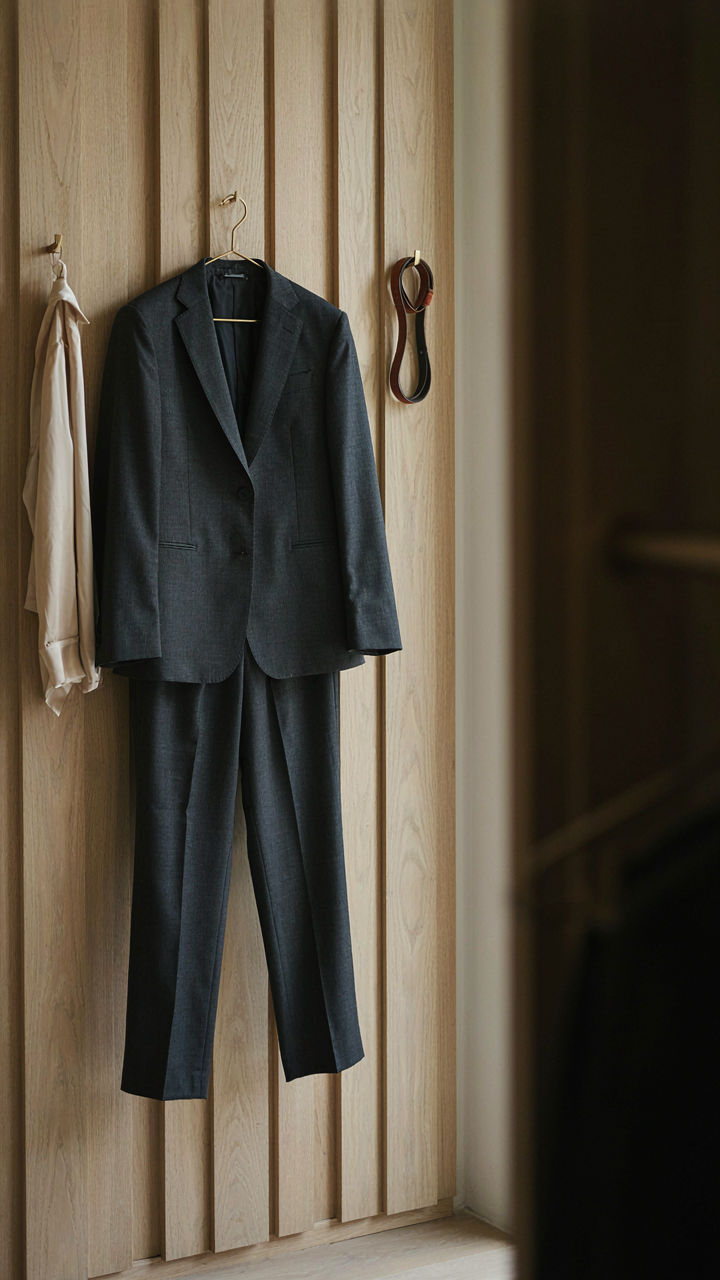 A high-quality tailored pantsuit hangs neatly in a minimalist closet.