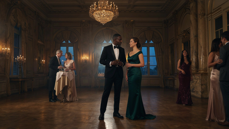 People in formal gala attire mingle in a grand, ornate ballroom.