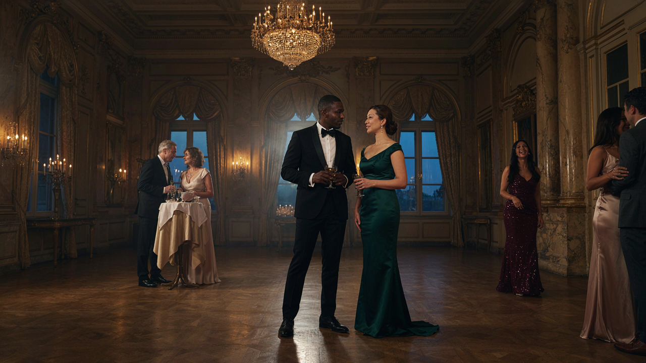 People in formal gala attire mingle in a grand, ornate ballroom.