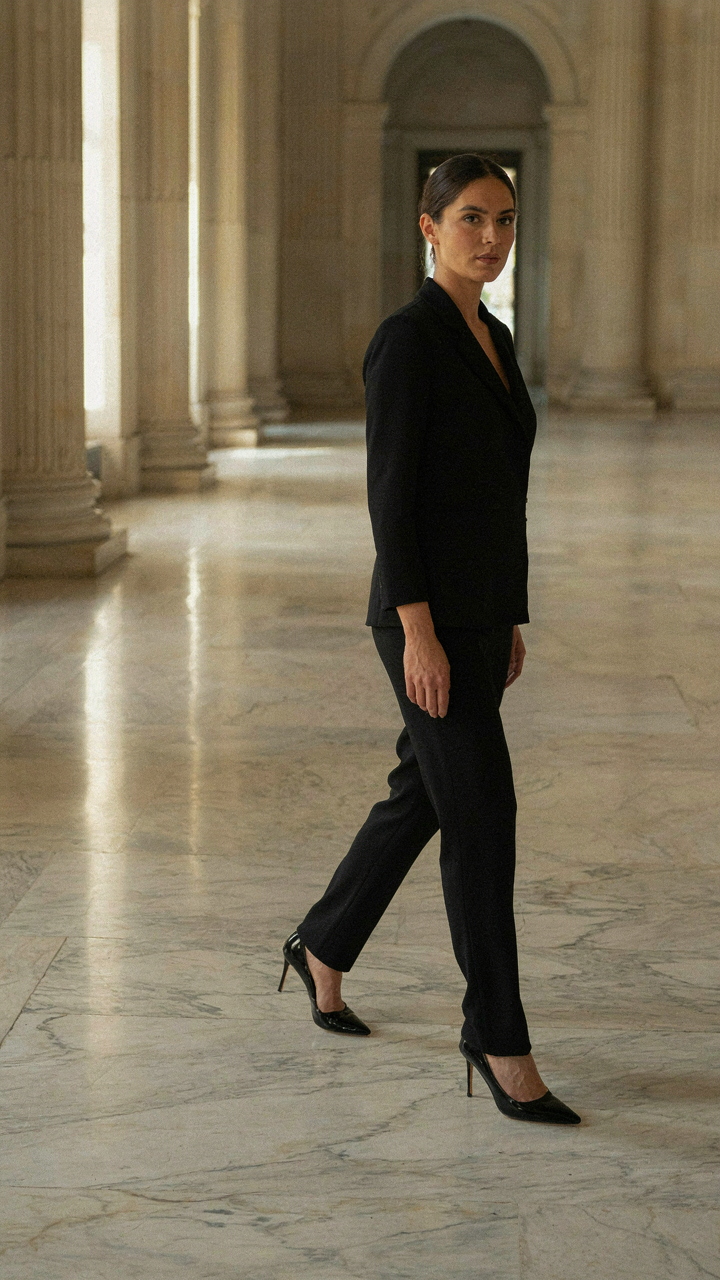 A woman in a black silk jumpsuit walks on a marble floor.