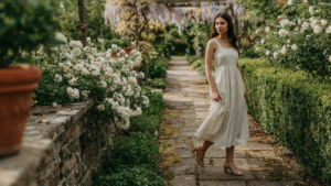 Woman in light garden party attire walks on a sunlit path, wearing a flowing dress and low heels.