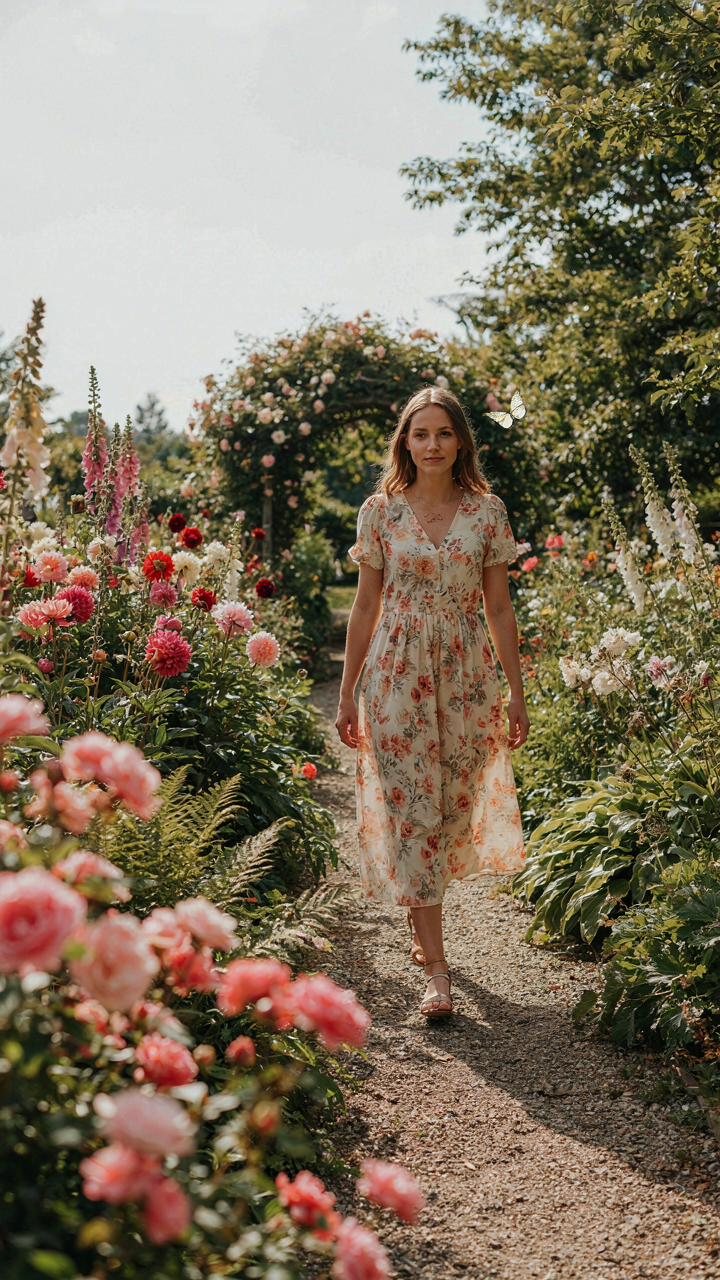 A woman in a floral midi dress walks through a vibrant garden path.