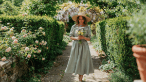Woman in a green linen dress and straw hat walking through a garden for a wedding.