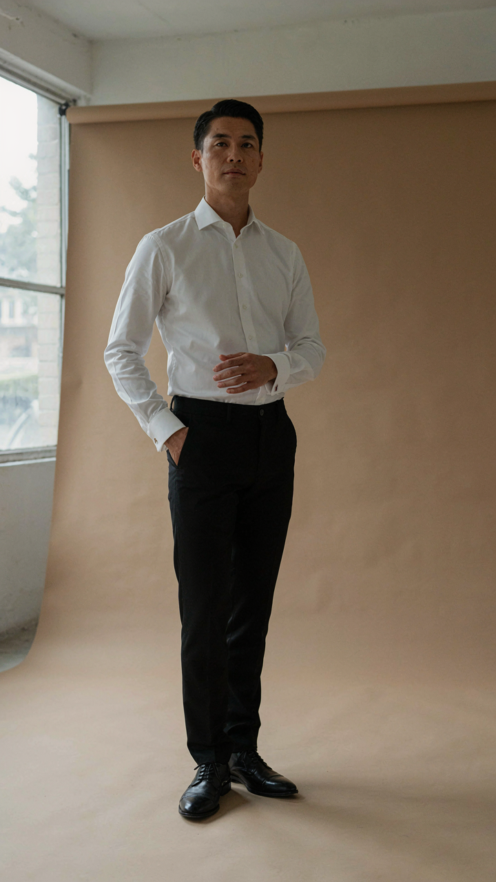 A man in a crisp white dress shirt and high-waisted black trousers.