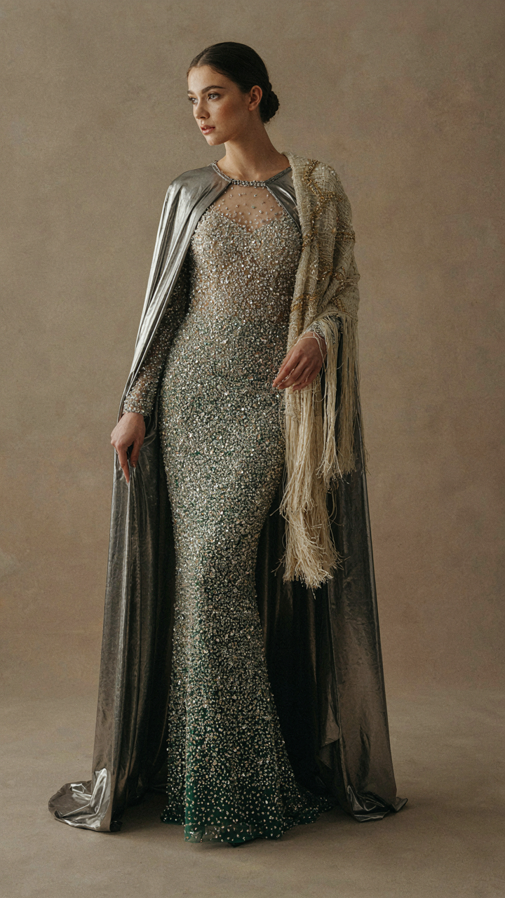 Layered fabrics, including a beaded dress, fringed shawl, and metallic cape.