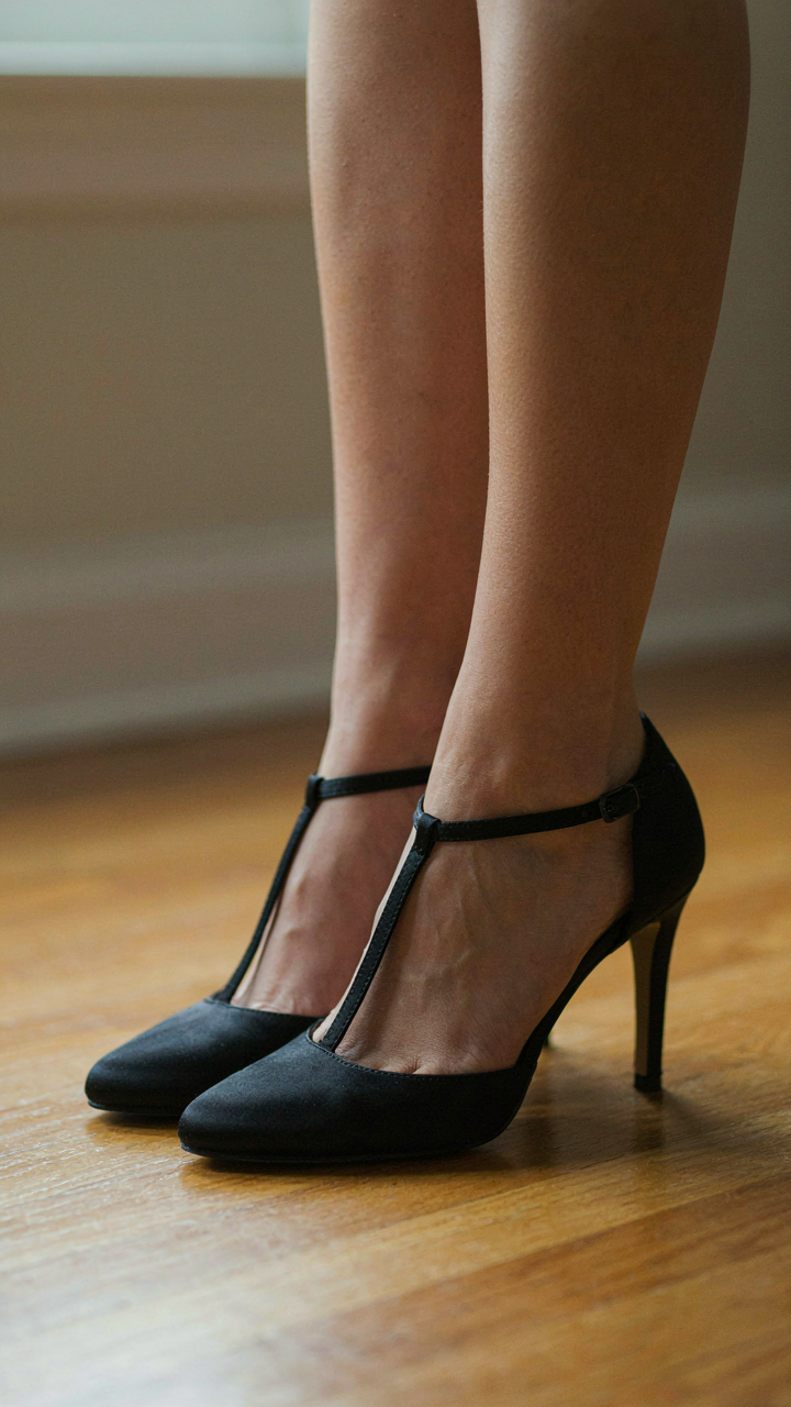 Elegant black satin T-strap heels on a woman's feet on a hardwood floor.