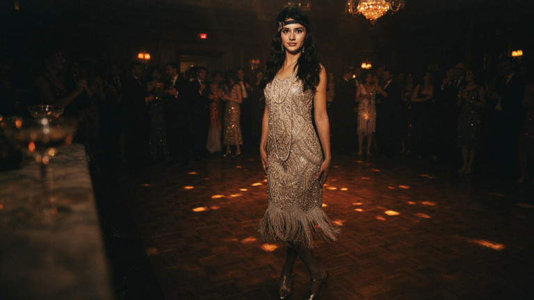 A glamorous woman in a Gatsby party outfit, with beads and pearls, stepping onto a dance floor.