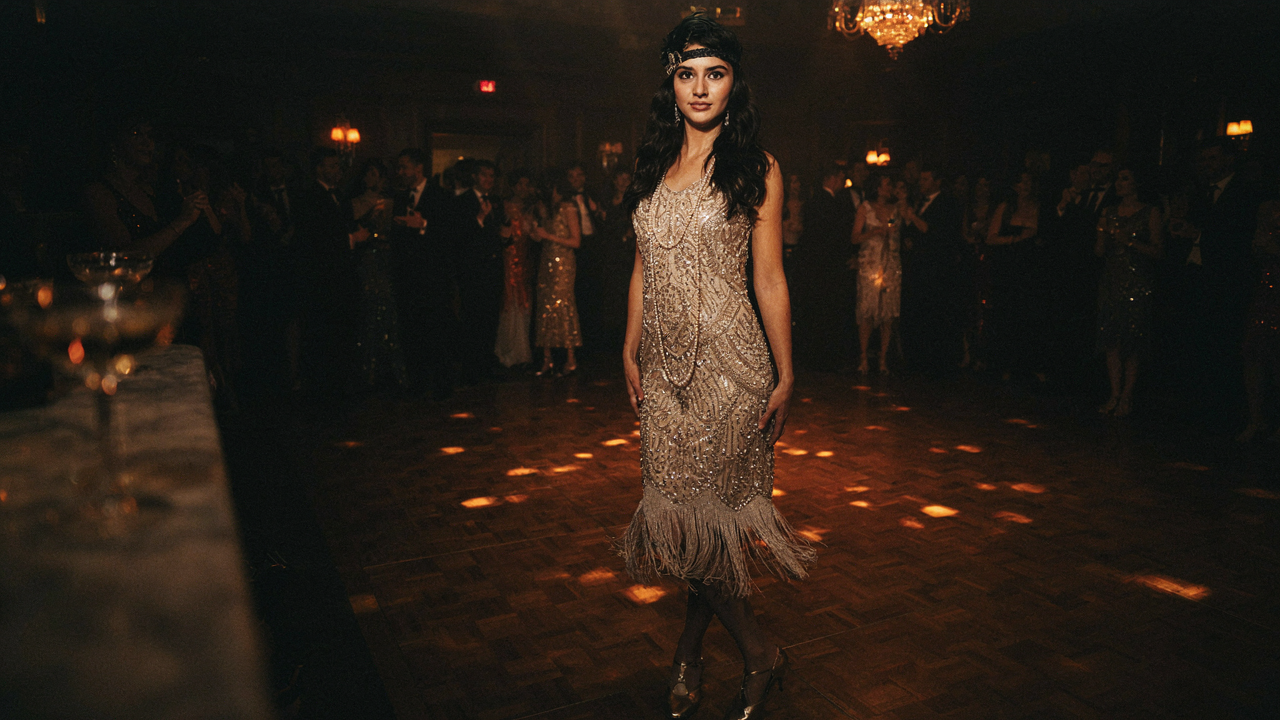 A glamorous woman in a Gatsby party outfit, with beads and pearls, stepping onto a dance floor.