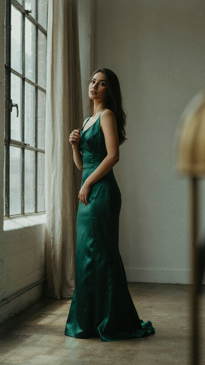 A woman in an evening gown is lit by a window at a 45-degree angle.