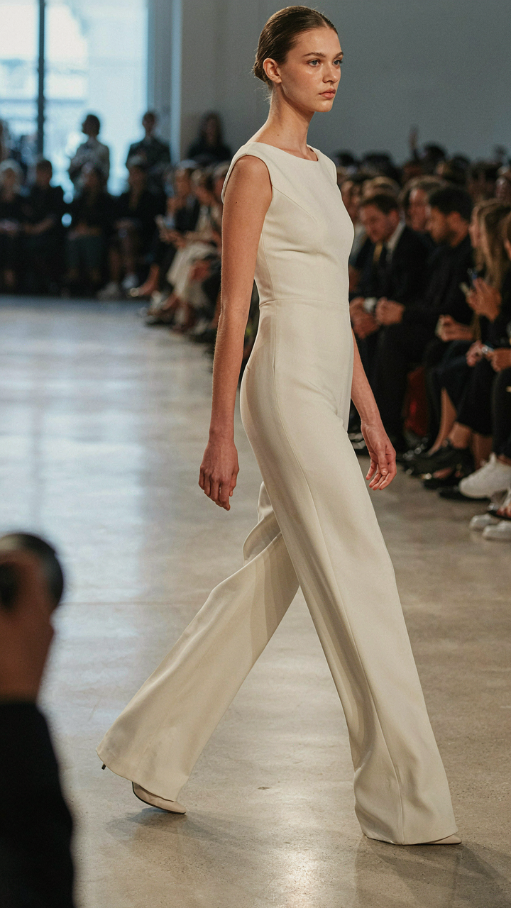 A model walks the runway in an architectural wide leg jumpsuit.