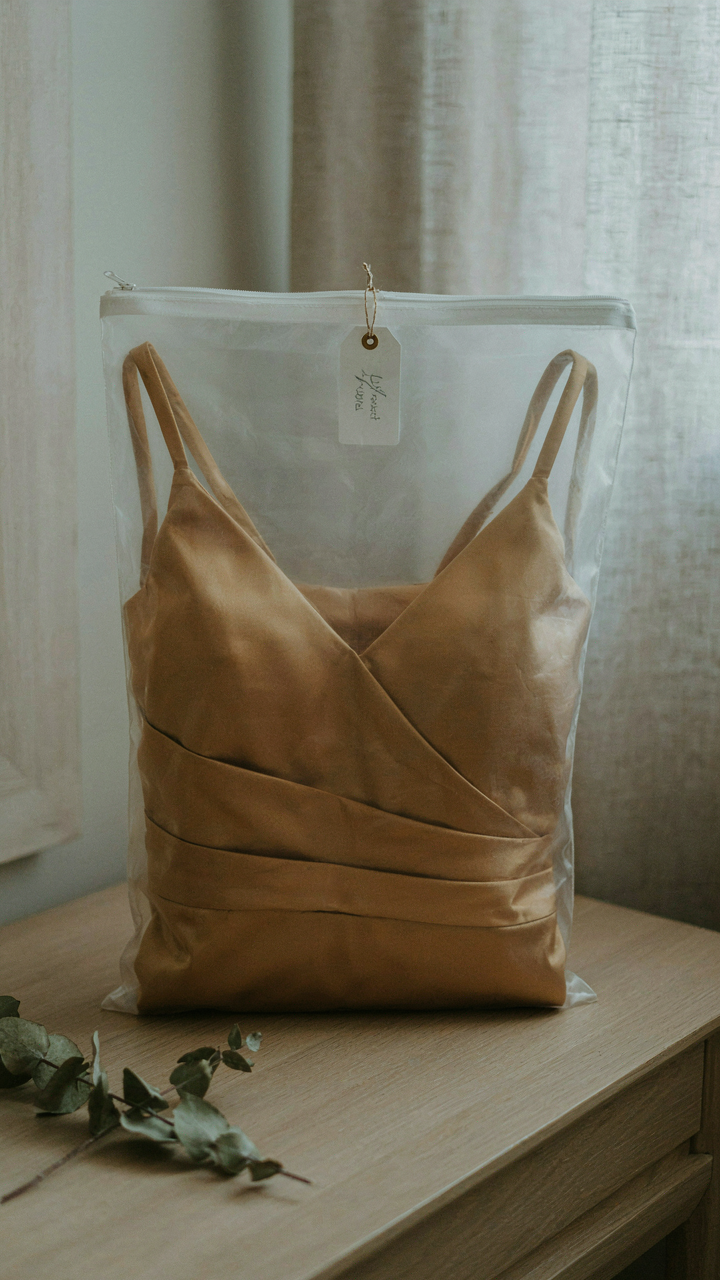 A gold dress made of structured satin in a garment bag.