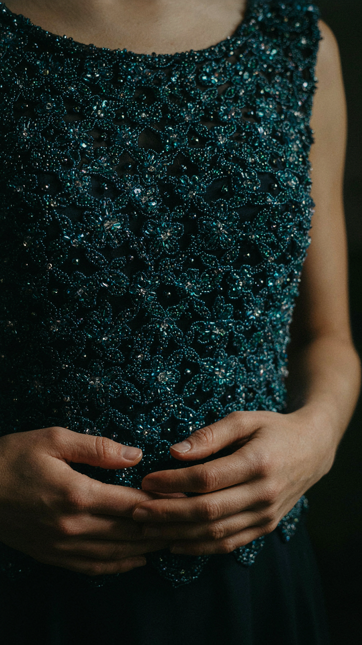 Detailed close-up of intricate beading on a dark evening gown bodice.