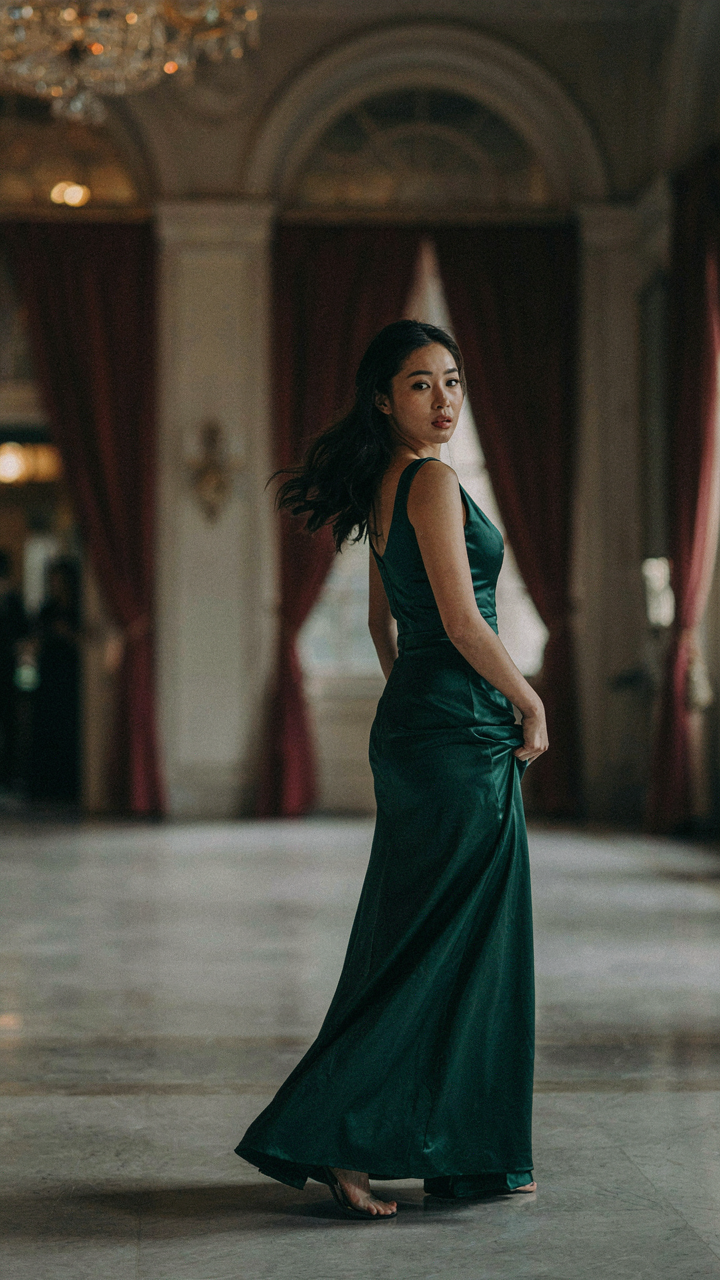An elegant woman in an evening gown turns her head as if called.