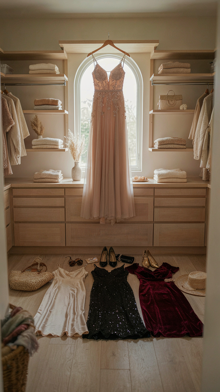 A vintage style wedding guest dress with shoes and accessories for many uses.