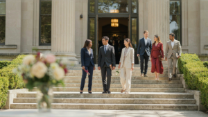 Adults in polished graduation ceremony guest outfits walk towards a building.
