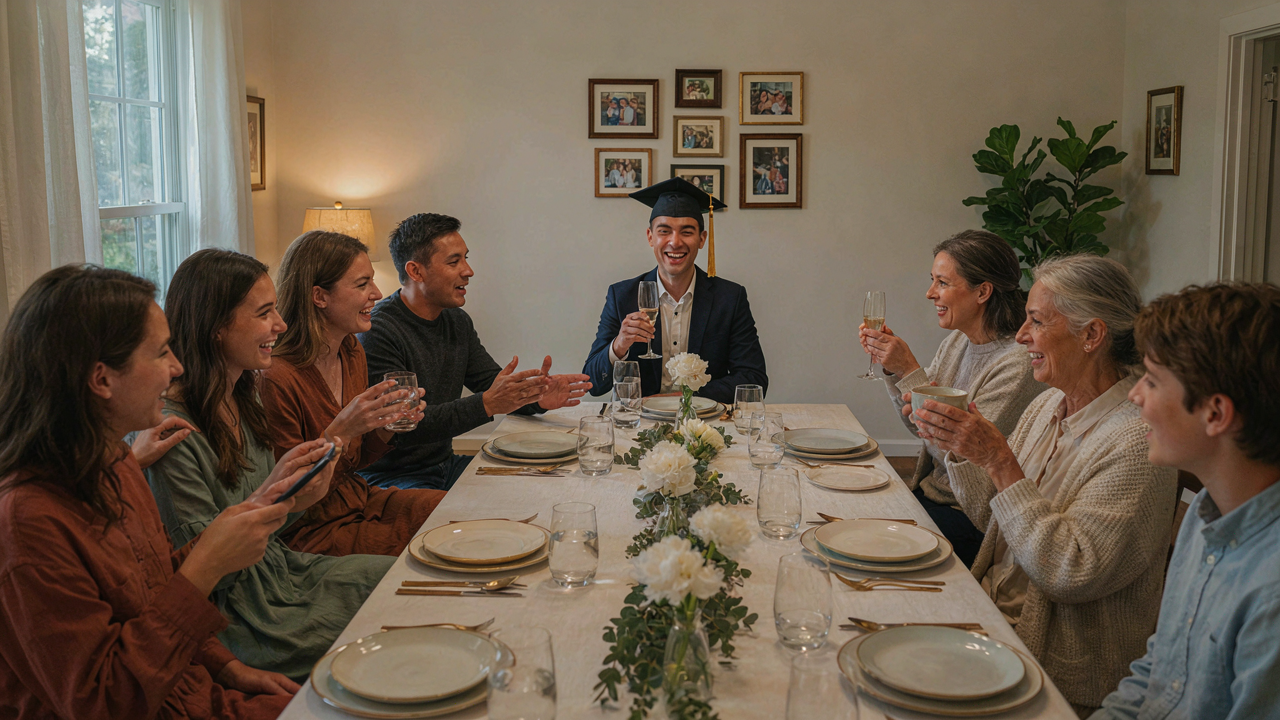 Happy family celebrating a graduation dinner together at a beautifully set table.