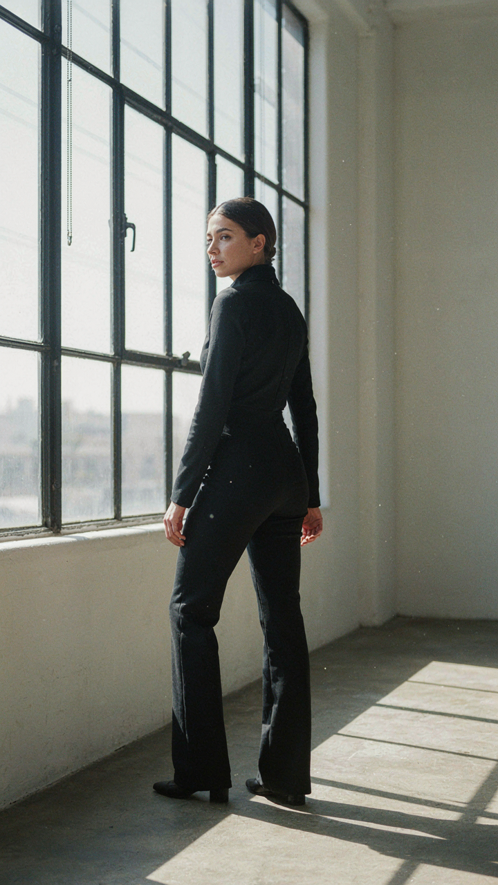 Woman in a jumpsuit stands in strong sidelight, casting a long shadow.
