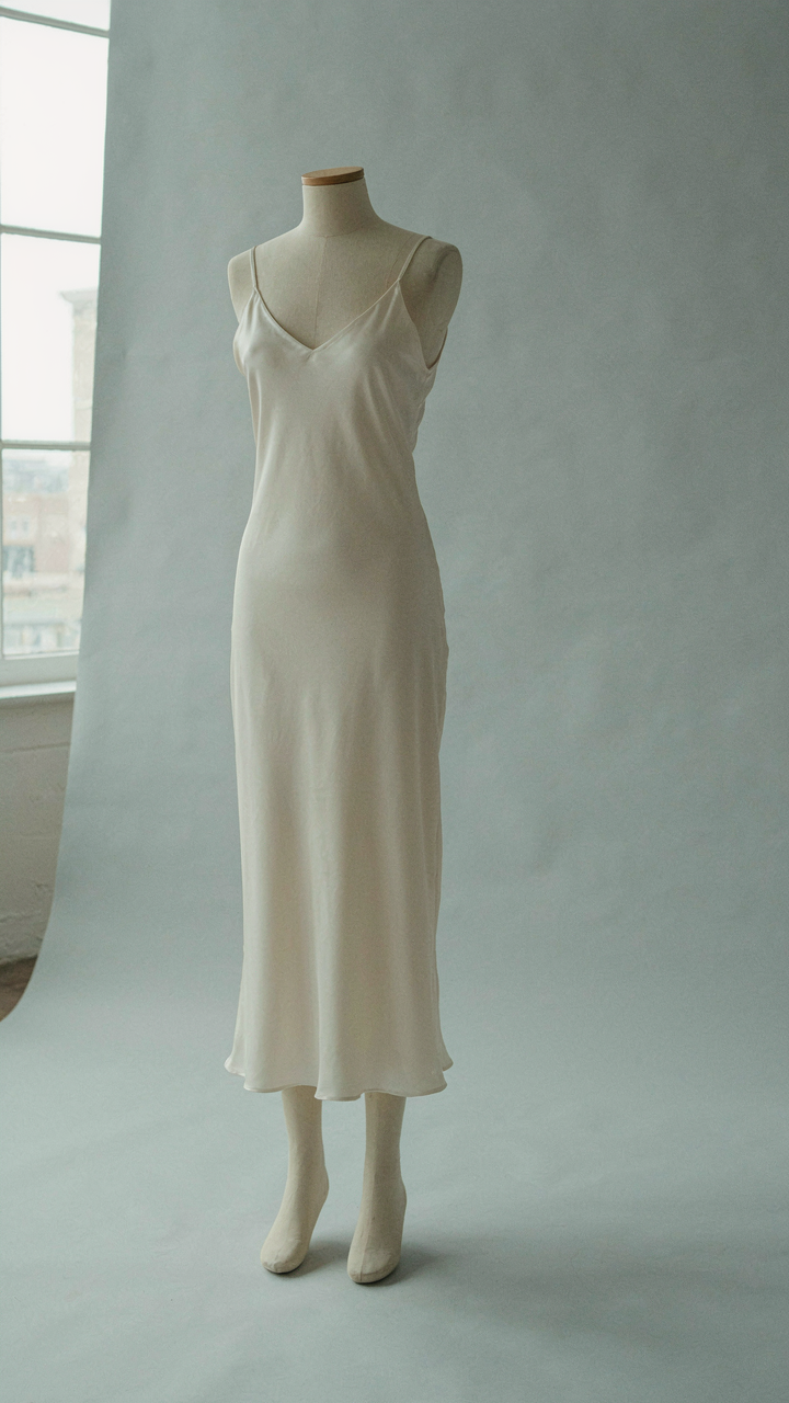 A sleek bias-cut silk slip dress on a mannequin.