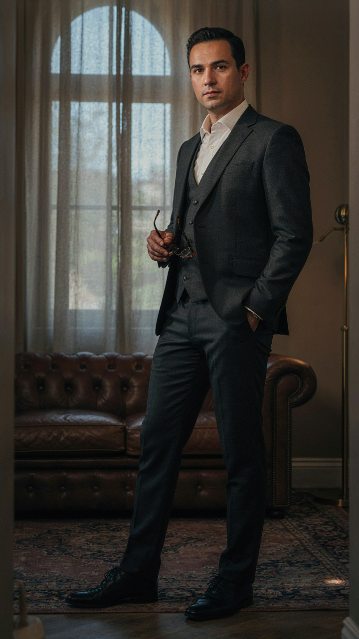 A man in a sharp charcoal three-piece suit, a timeless speakeasy party outfit.