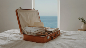A carefully packed Greece capsule wardrobe in an open suitcase with a view of the sea.