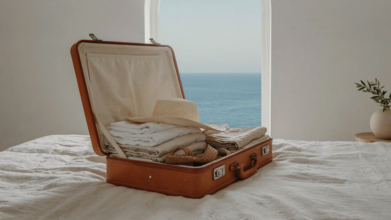A carefully packed Greece capsule wardrobe in an open suitcase with a view of the sea.