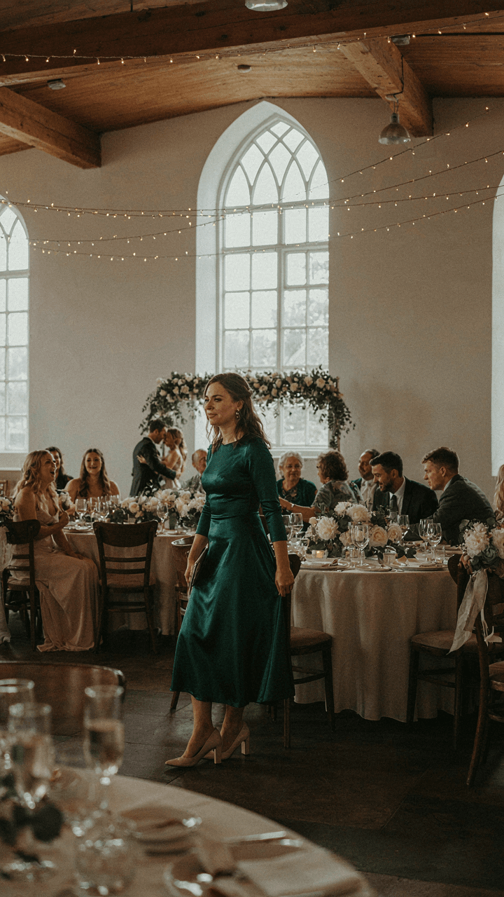 A woman in a stylish but understated church wedding guest dress stands at a reception.