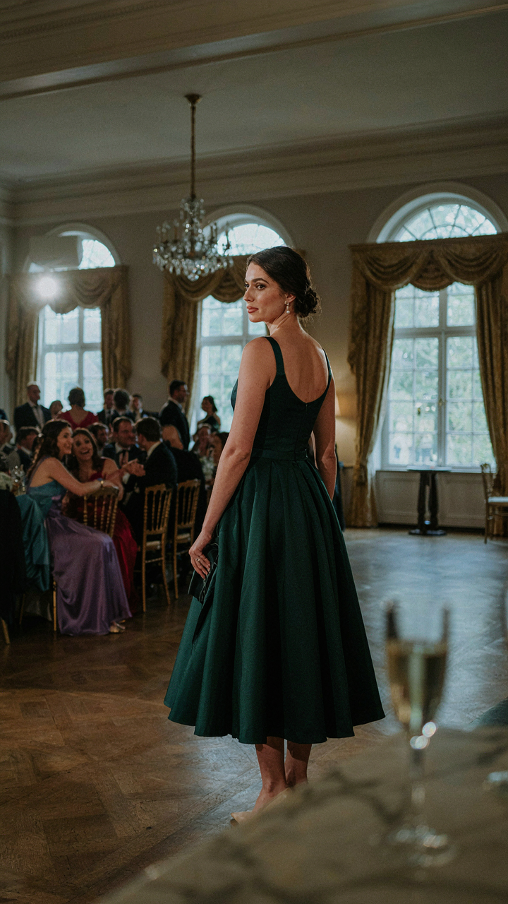 Woman in a pleated midi dress observing a formal ballroom event.