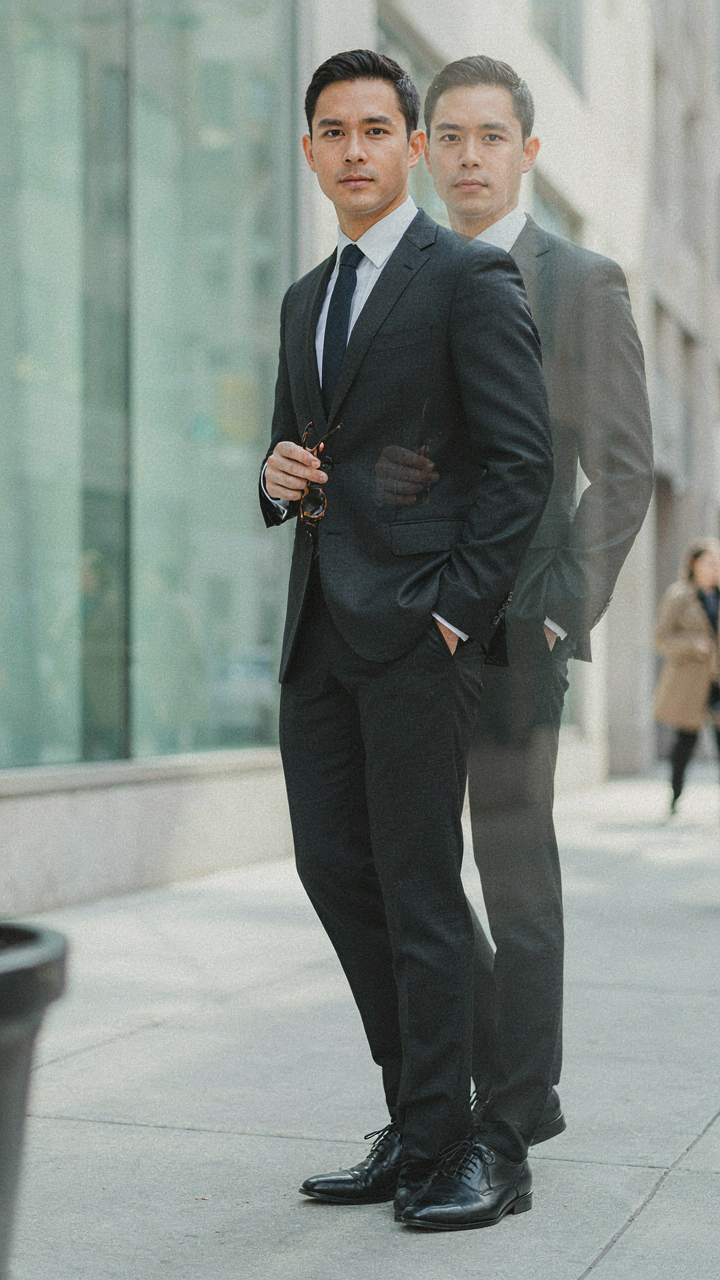 A man in a well-tailored charcoal suit and polished leather shoes.
