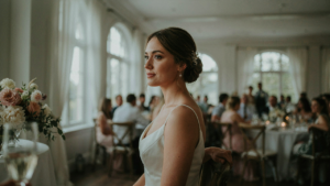 A woman wears a polished updo with a sparkling hair accessory at a wedding.