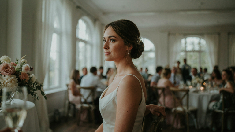 A woman wears a polished updo with a sparkling hair accessory at a wedding.