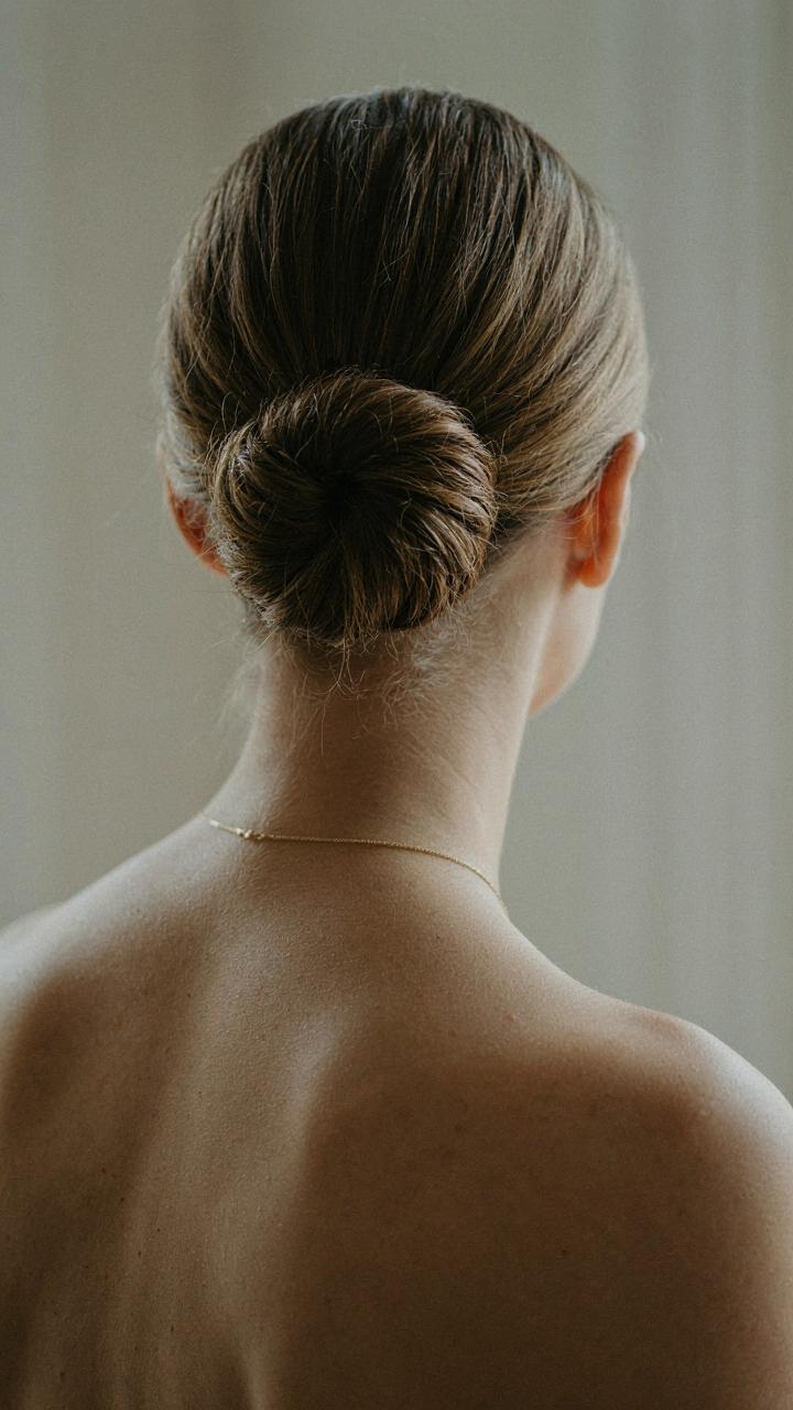 The back of a woman's head with a classic low chignon hairstyle.