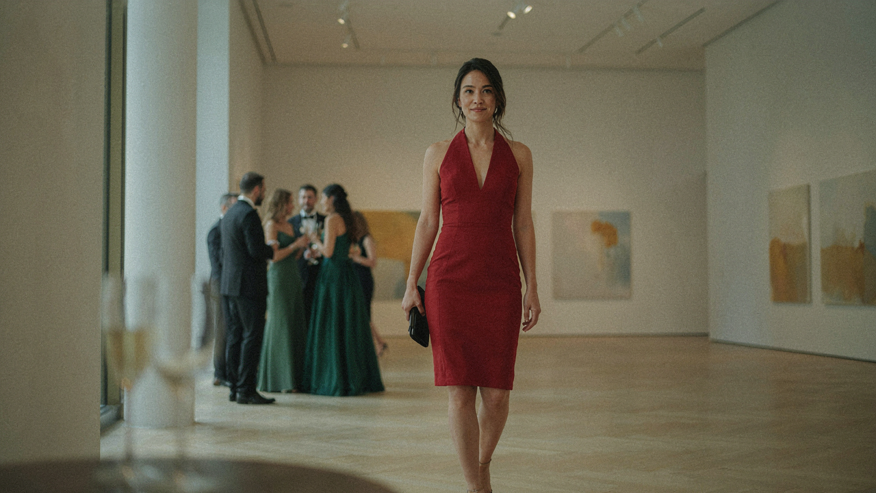 Woman in an elegant red halter cocktail dress walking into an art gallery opening.