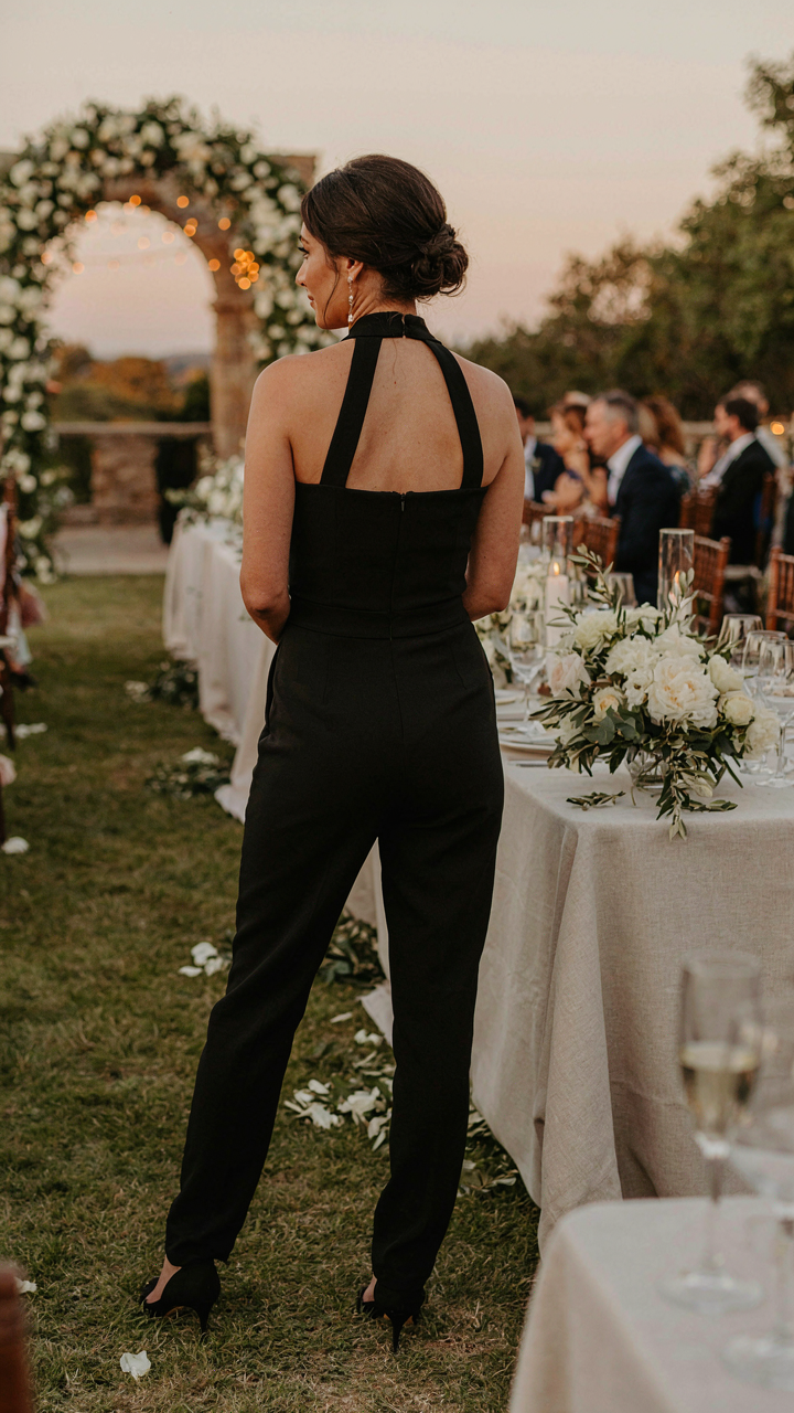 A woman in a tailored black halter jumpsuit at a wedding reception.