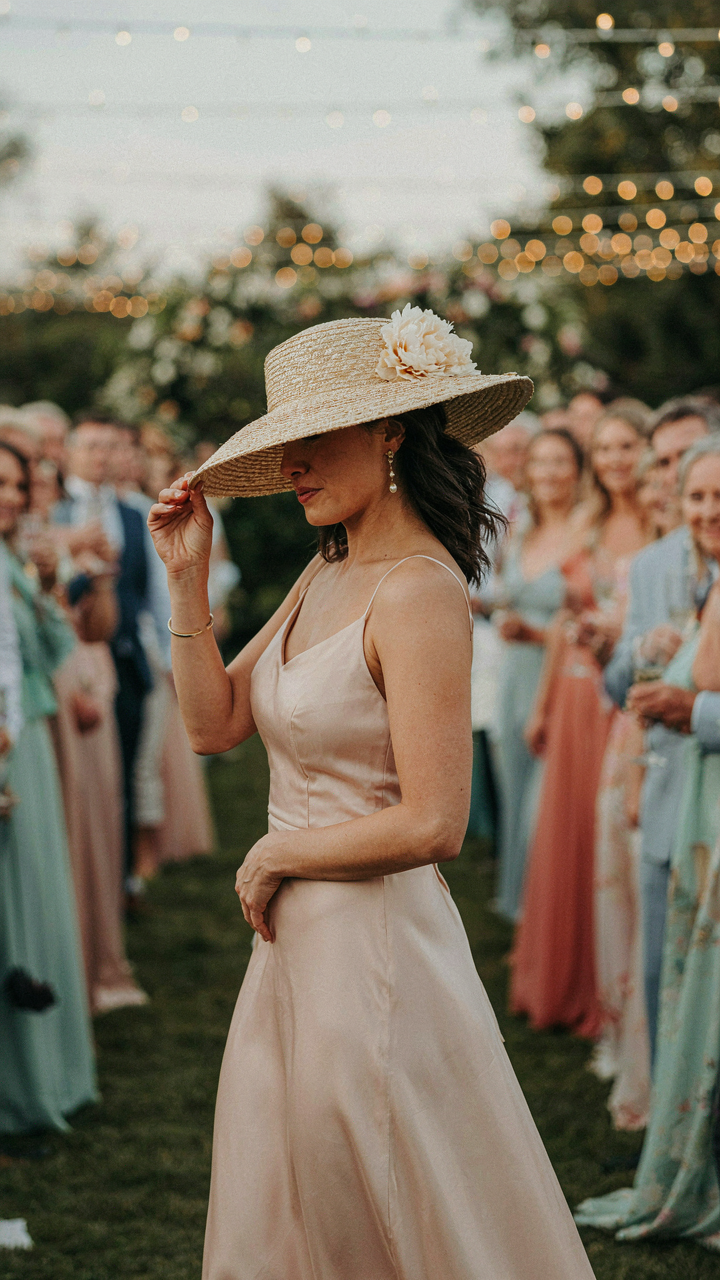 A woman in a striking hat stands out in a crowd.