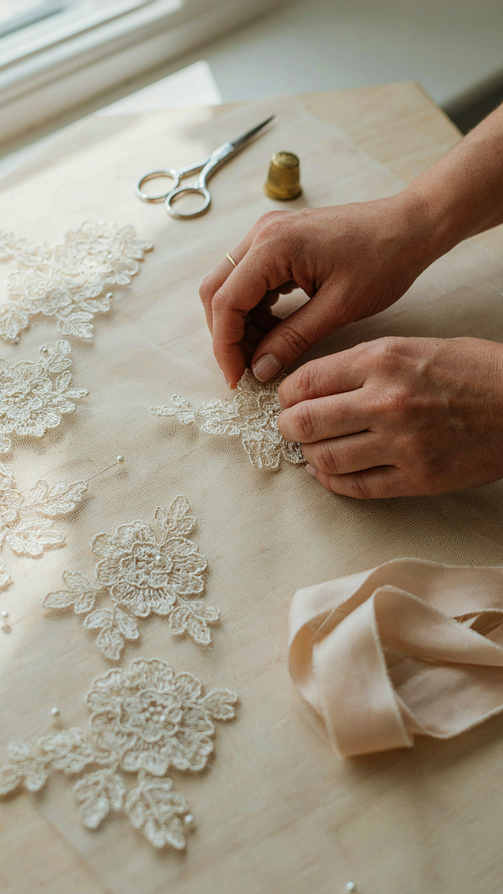 Hands carefully sew lace onto sheer tulle fabric.