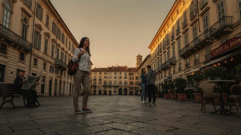 A woman stands in the middle of a large, old European town square at sunset, flanked by multi-story buildings with ornate facades and arched windows,