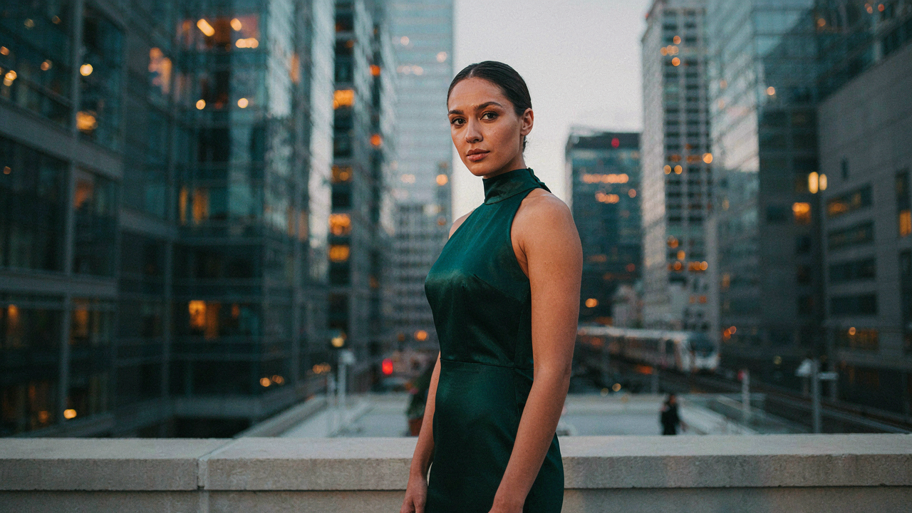 A woman in a striking high neck cocktail dress confidently stands in a modern cityscape.