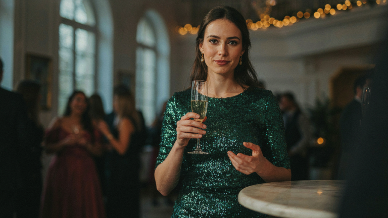A woman in a jewel-toned holiday cocktail party dress at an elegant event.