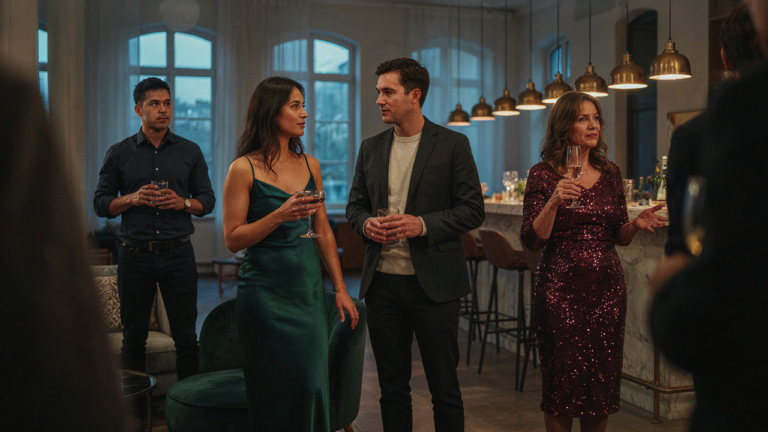 People in elegant holiday party attire subtly assessing each other in a stylish event space.