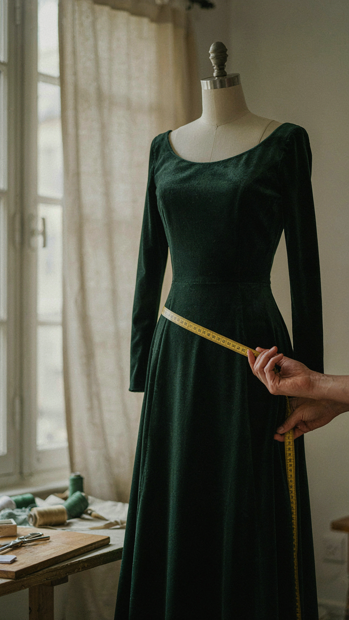 A tailor's hands adjust the hem of a forest green velvet cocktail dress.