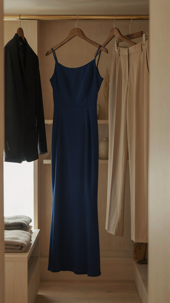 A sapphire midi dress hangs in a closet with other versatile clothing.