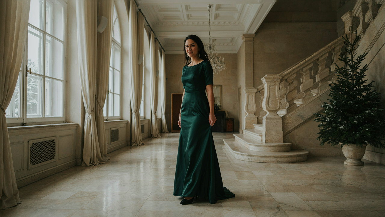 A woman in a dark dress enters a grand wedding venue, embodying the holiday wedding guest outfit.