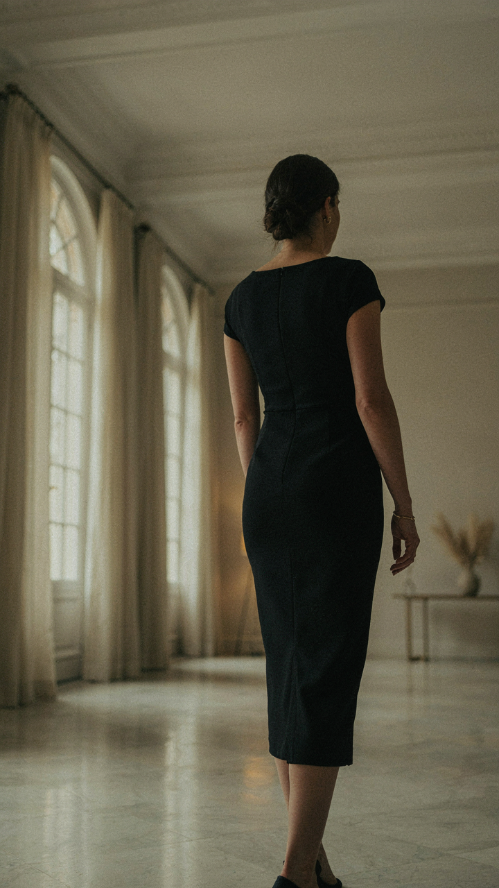 A woman in a fitted black column dress walks into a grand, softly lit room.