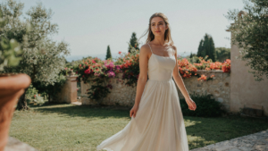 Woman in a flowing, light-colored dress for a hot weather wedding.