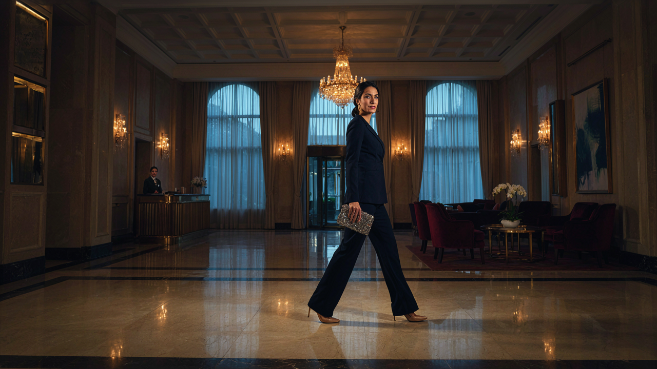 A woman in a navy jumpsuit walks through a grand hotel lobby, ready for a hotel wedding guest