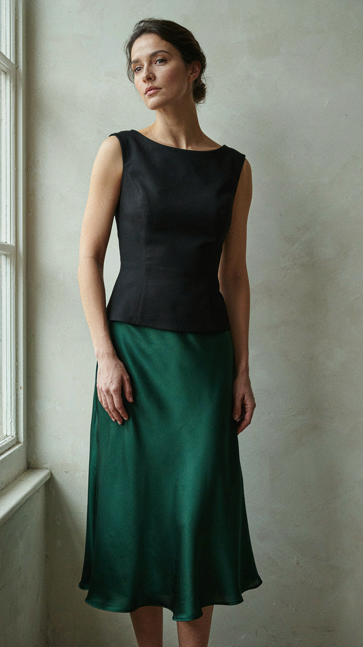 A woman in a black matte crepe bodice and silk charmeuse skirt.