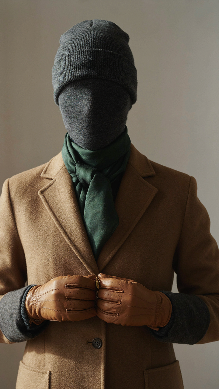 Close up of a person's head, neck, and hands, fully covered by winter accessories.